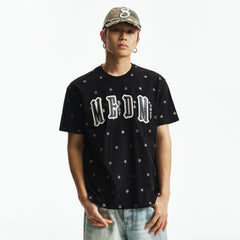MEDM Sparkling Pink Little Star Full Print Double layer Leather Patch Embroidered Casual Round Neck Short Sleeve Washed Outdated Broken Hole T-shirt