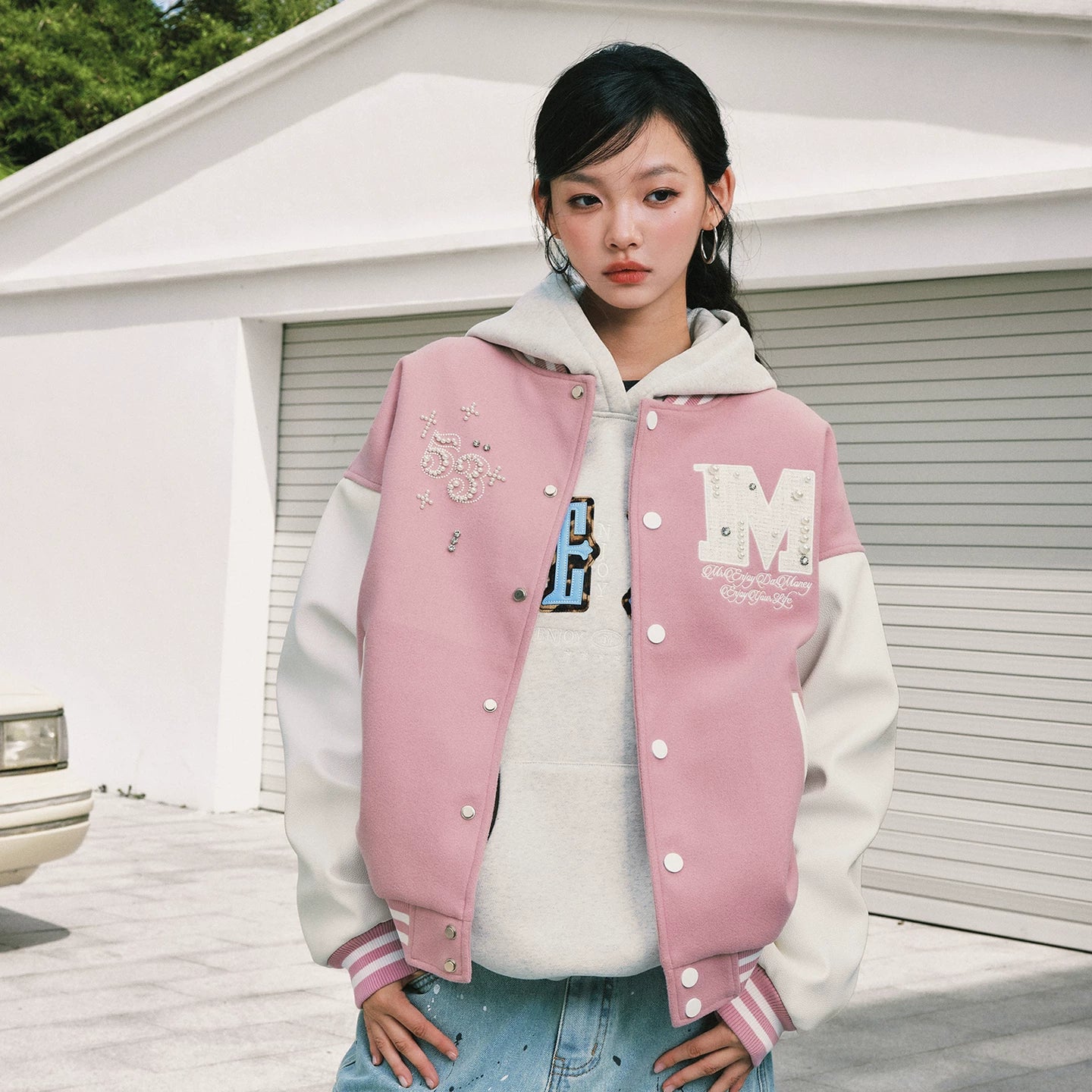 MEDM color blocking patchwork nail pearl casual stand up baseball jacket autumn American men's and women's loose long sleeved jacket jacket