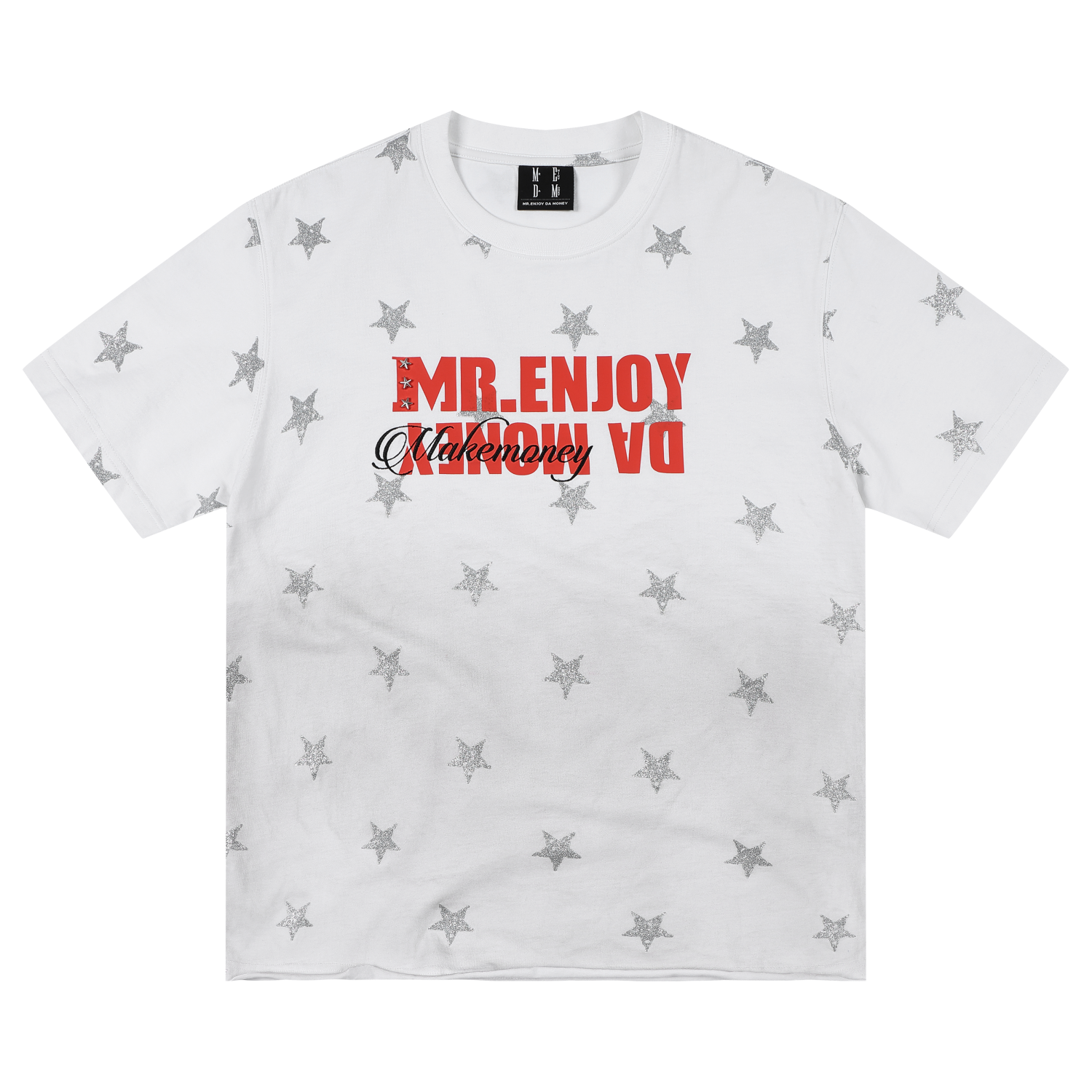MEDM contrasting logo printed with stars, washed and worn, casual round neck T-shirt, American retro loose short sleeved for men and women