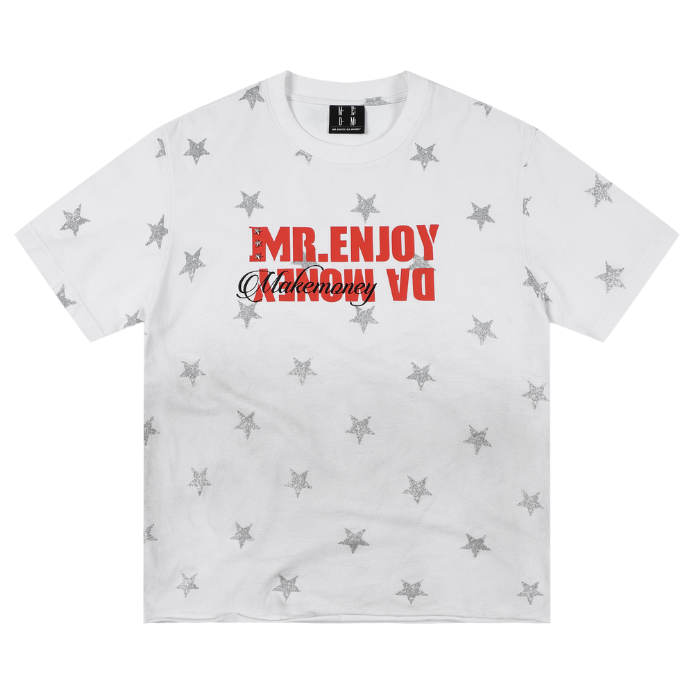 MEDM contrasting logo printed with stars, washed and worn, casual round neck T-shirt, American retro loose short sleeved for men and women