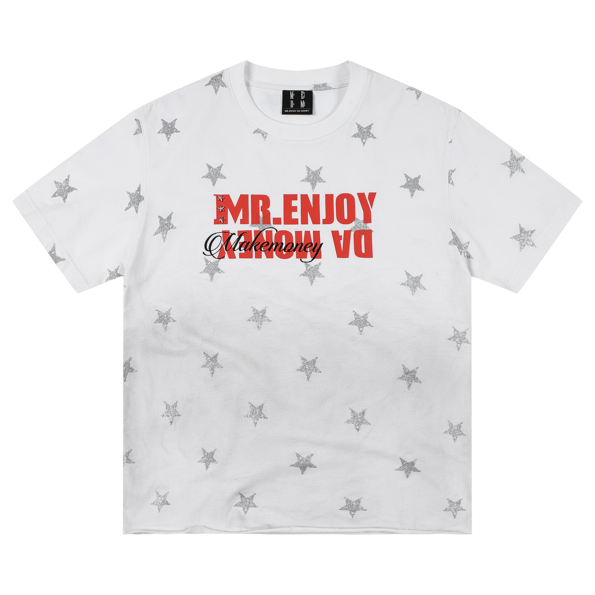 MEDM contrasting logo printed with stars, washed and worn, casual round neck T-shirt, American retro loose short sleeved for men and women