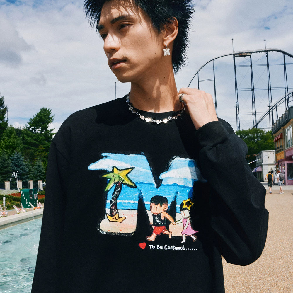 MEDM x NEWMASUS collaboration seaside coconut tree print casual round neck long sleeved T-shirt trendy couple top