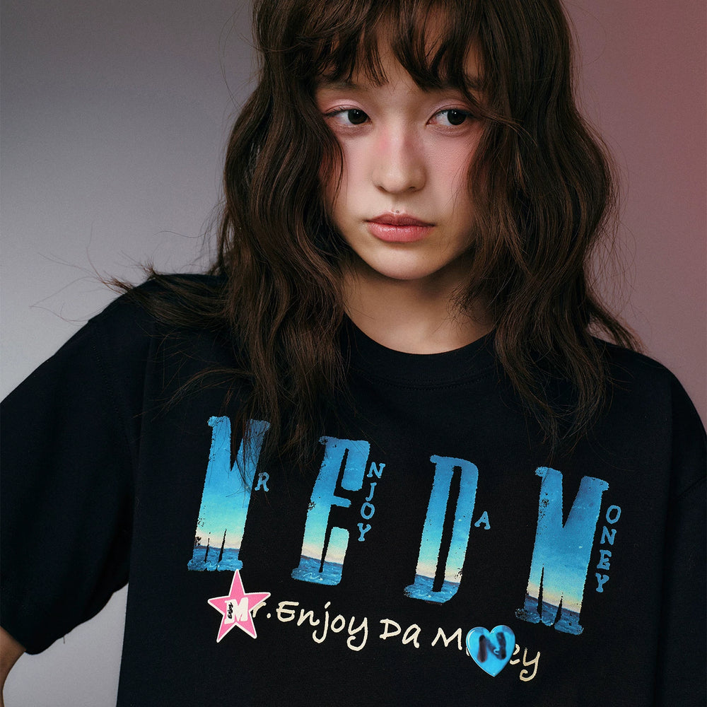 MEDMxNEWMASUS collaboration landscape selfie photo print casual couple short sleeved loose round neck T-shirt trendy