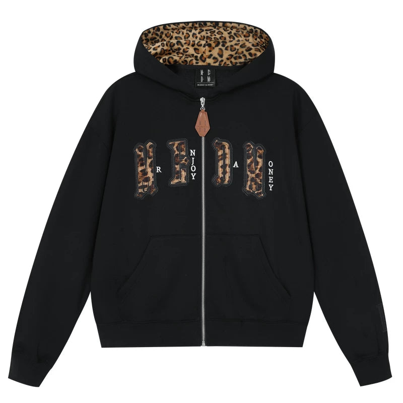 MEDM leopard print hat with leather lining, casual zipper hoodie, American couple casual cardigan, hooded and fleece hoodie, autumn