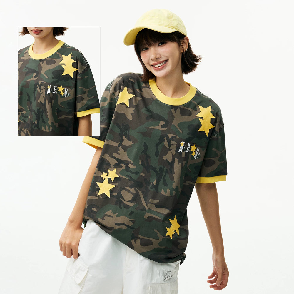 MEDM camouflage star lazy style logo embroidered loose round neck T-shirt street retro casual men's and women's short sleeved summer