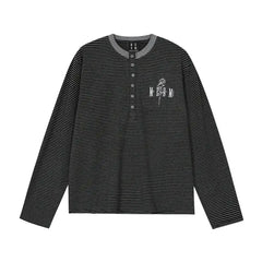 MEDM Rose Embroidered Striped Henley Long Sleeve Tee