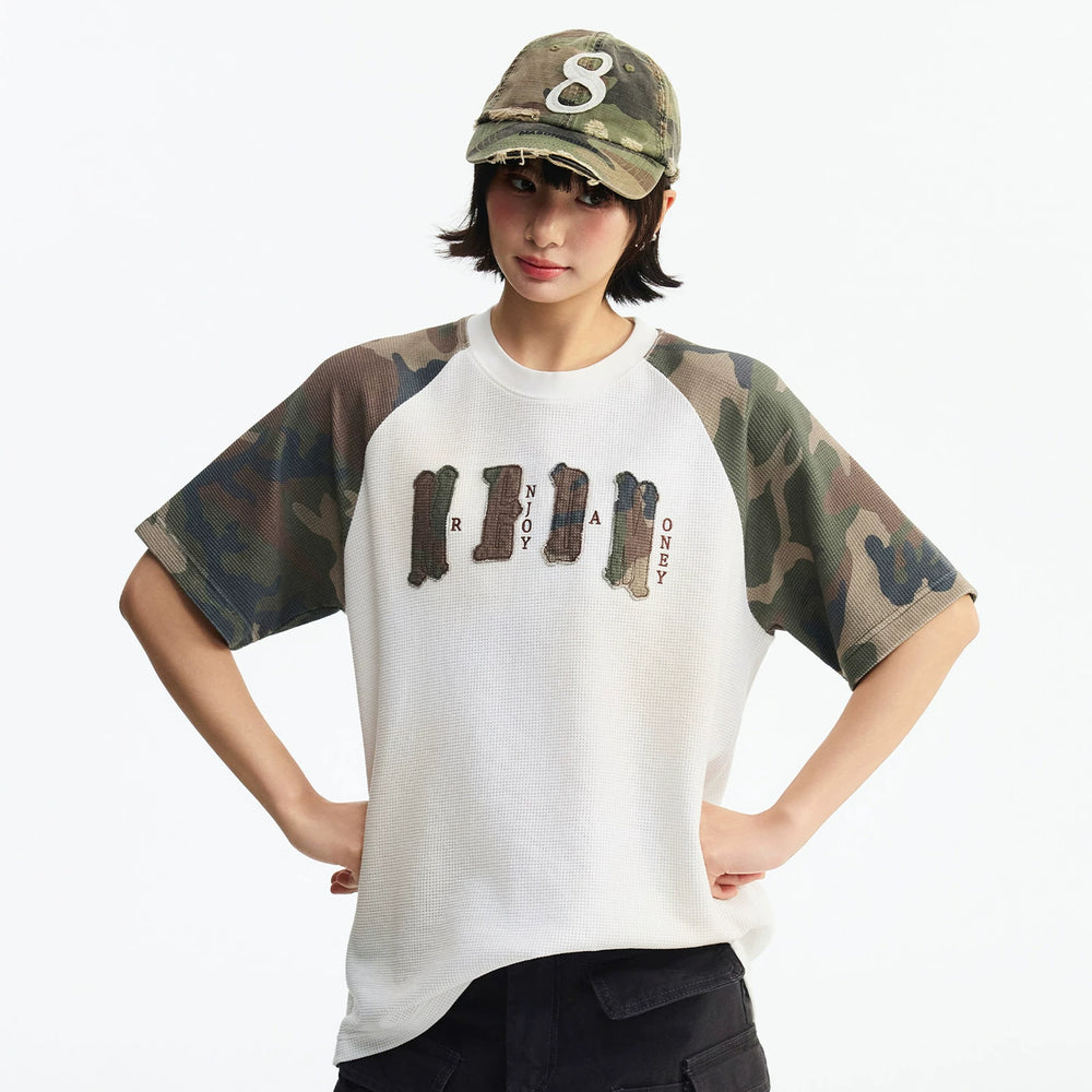 MEDM Waffle Camouflage Patch Logo Shoulder Insertion Casual Round Neck Short Sleeve Retro Vintage Vintage Loose Men's and Women's T-shirt Summer