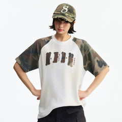 MEDM Waffle Camouflage Patch Logo Shoulder Insertion Casual Round Neck Short Sleeve Retro Vintage Vintage Loose Men's and Women's T-shirt Summer
