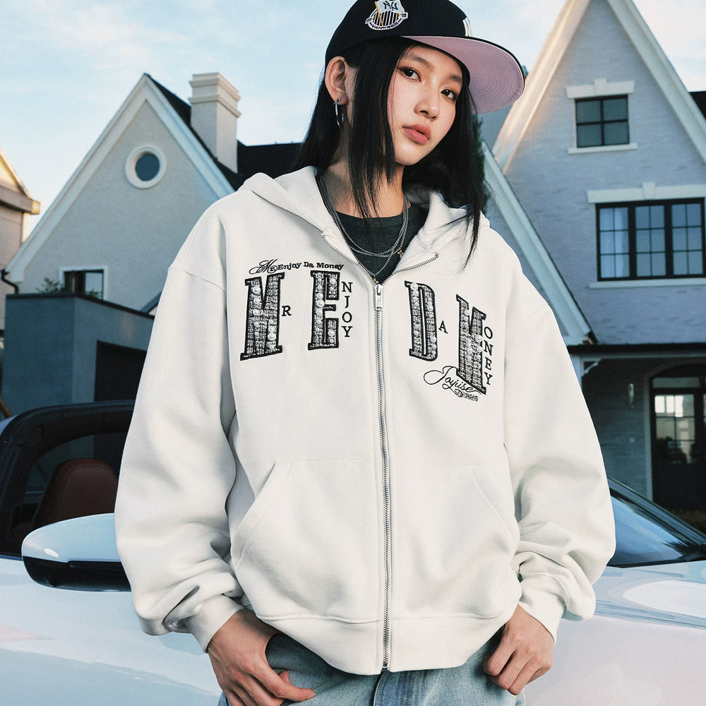 MEDM 26 New Pearl Letter Casual Zipper Hoodie Spring and Autumn American Plush Couple Hoodie Hoodie Sweatshirt