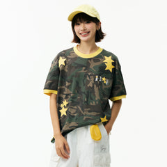 MEDM camouflage star lazy style logo embroidered loose round neck T-shirt street retro casual men's and women's short sleeved summer