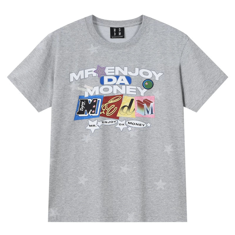 MEDM full print hand-painted star letter print embroidery casual round neck short sleeved trendy loose skin friendly couple T-shirt