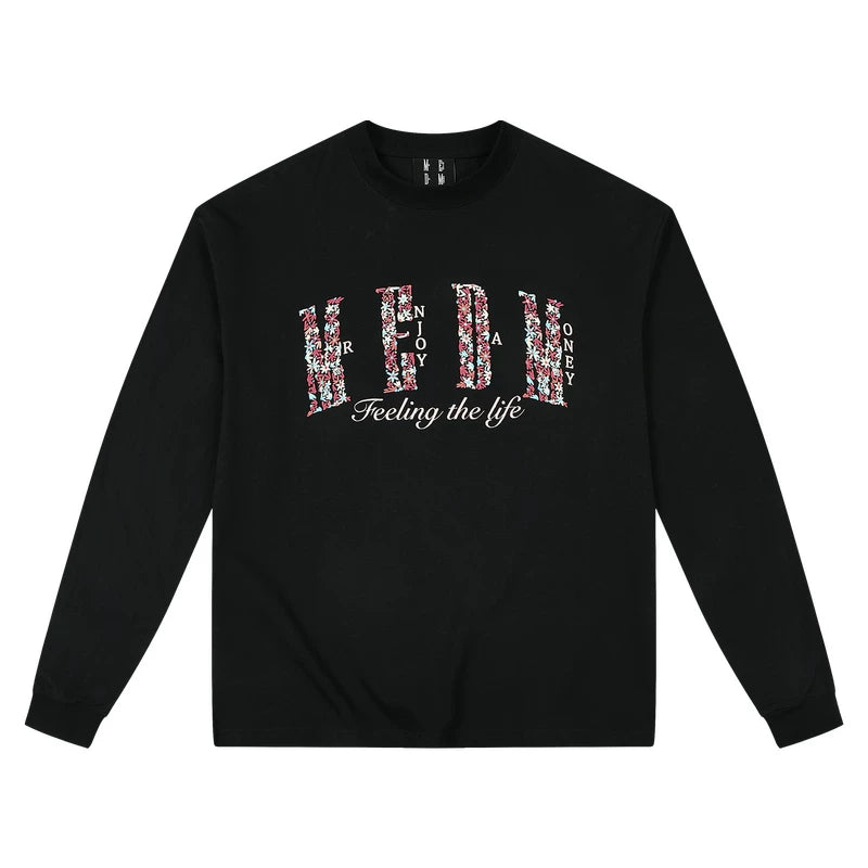 MEDM small flower embroidered logo round neck casual long sleeved T-shirt American simple and versatile couple loose top for autumn and winter