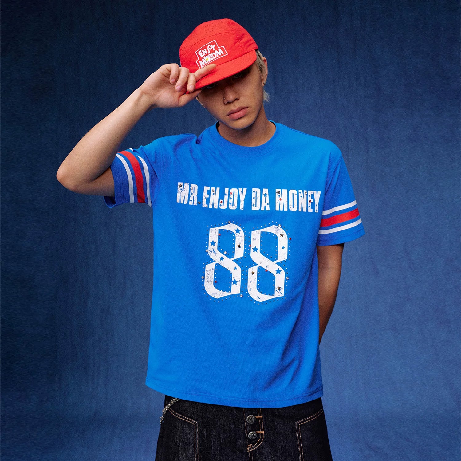 MEDM star studded bead contrasting striped quick drying casual retro jersey loose antibacterial short sleeved T-shirt for men and women