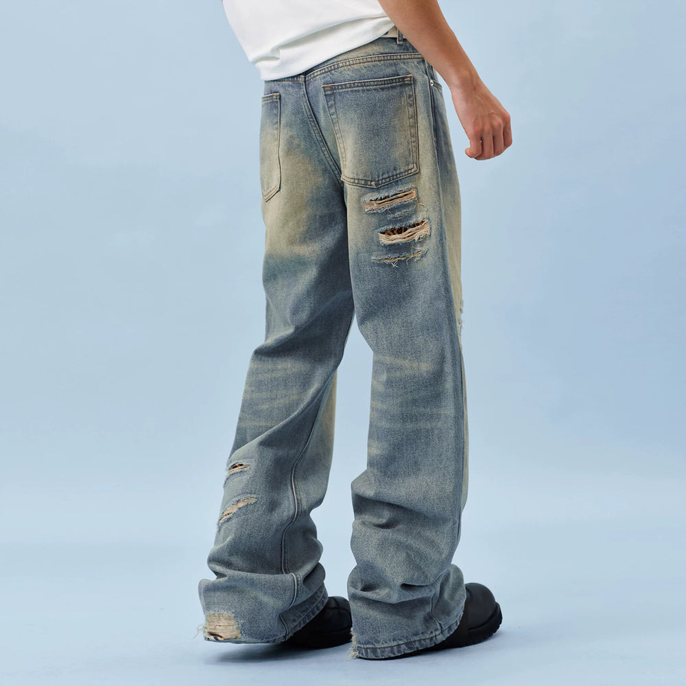 MEDM bamboo striped denim with heavily worn leather, patchwork horsehair, micro flared jeans, washed and worn casual pants for men