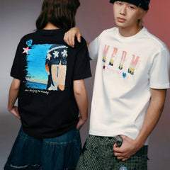 MEDMxNEWMASUS collaboration landscape selfie photo print casual couple short sleeved loose round neck T-shirt trendy