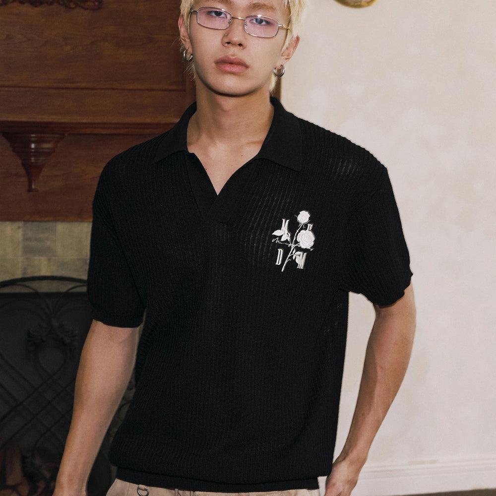 MEDM26SS solid color embroidered rose pattern short sleeved knitted polo shirt, vintage style casual half sleeved T-shirt for men