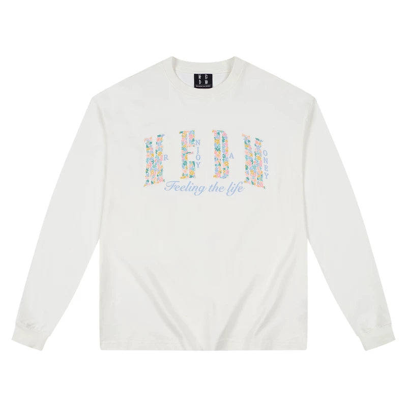 MEDM small flower embroidered logo round neck casual long sleeved T-shirt American simple and versatile couple loose top for autumn and winter