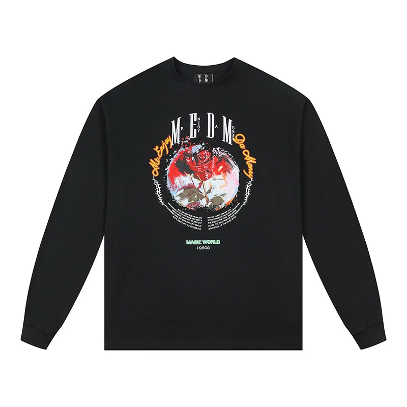MEDM Flower Thorn Round Text Layout Long Sleeve T-shirt Spring and Autumn Men's Trendy Brand American Casual T-shirt Top