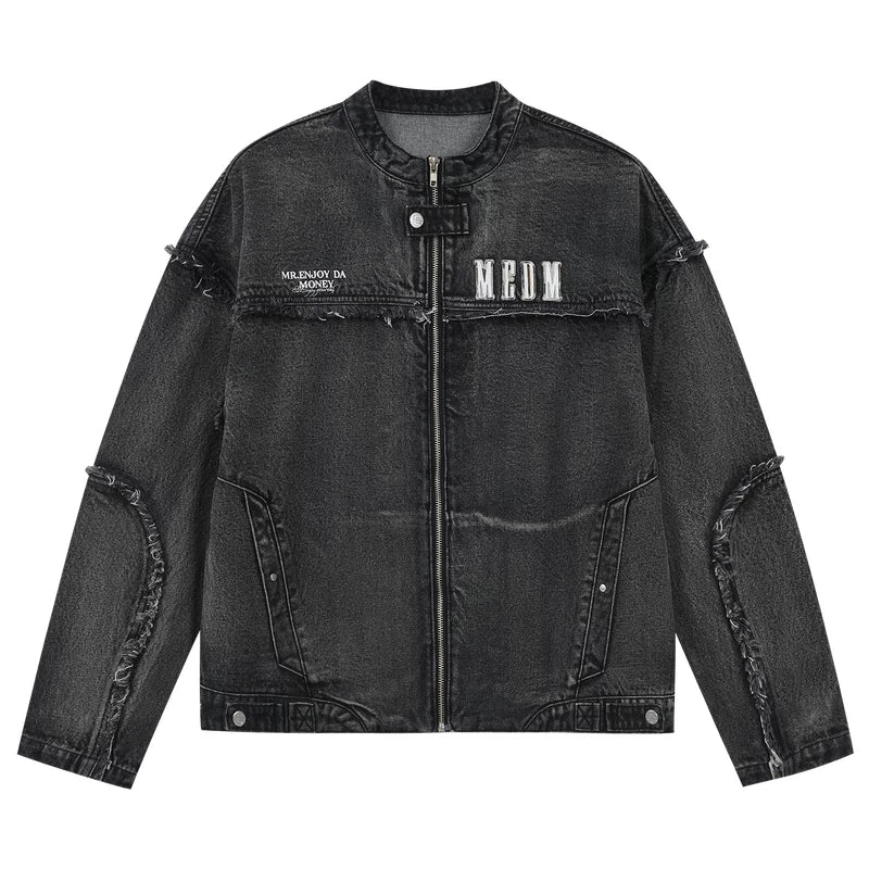 MEDM Structure Edge Denim Set - Jacket Washed and Used, Structural Thread Design, Casual Zipper Jacket, Spring