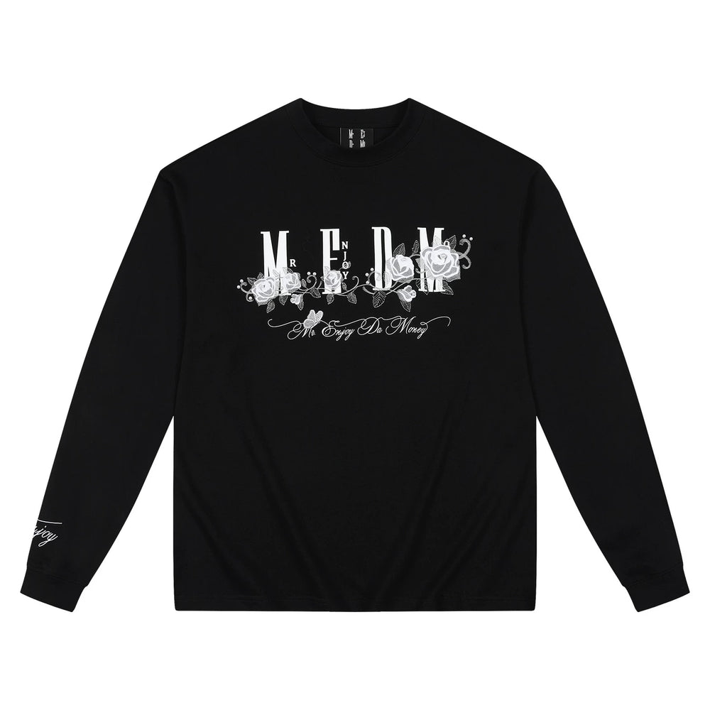 MEDM Ice Rose Embroidered Nail Bead Printed LOGO Casual Long Sleeve T-shirt Trendy Round Neck Loose Bottom Shirt Autumn