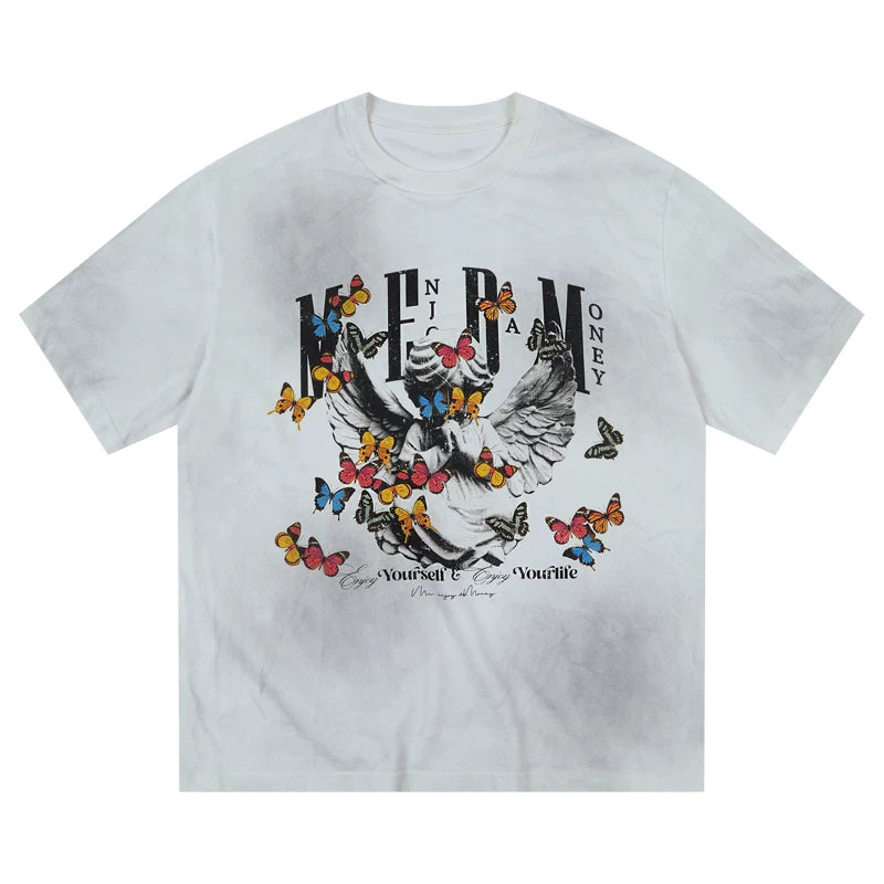 MEDM Angel Butterfly Wash Short Sleeve Casual Round Neck T-shirt for Men and Women Summer American Hip Hop Trendy Brand T-shirt Tee