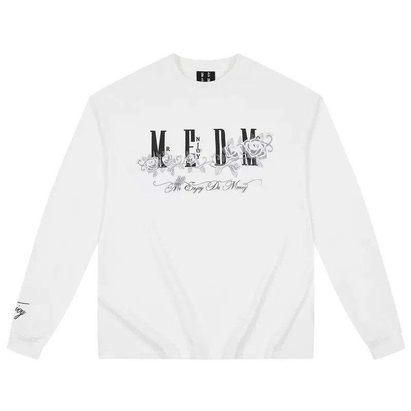 MEDM Ice Rose Embroidered Nail Bead Printed LOGO Casual Long Sleeve T-shirt Trendy Round Neck Loose Bottom Shirt Autumn