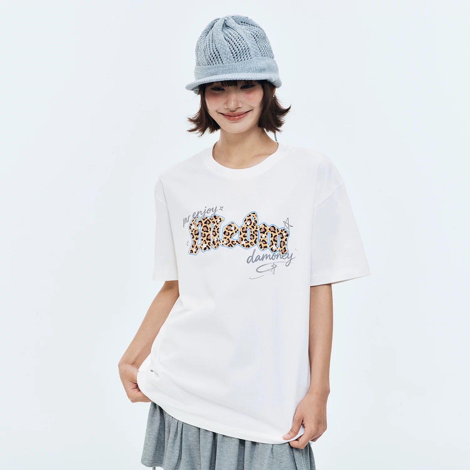 MEDM leopard print Gothic graffiti patch casual round neck short sleeved American street style unisex loose T-shirt summer