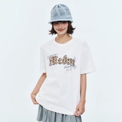 MEDM leopard print Gothic graffiti patch casual round neck short sleeved American street style unisex loose T-shirt summer