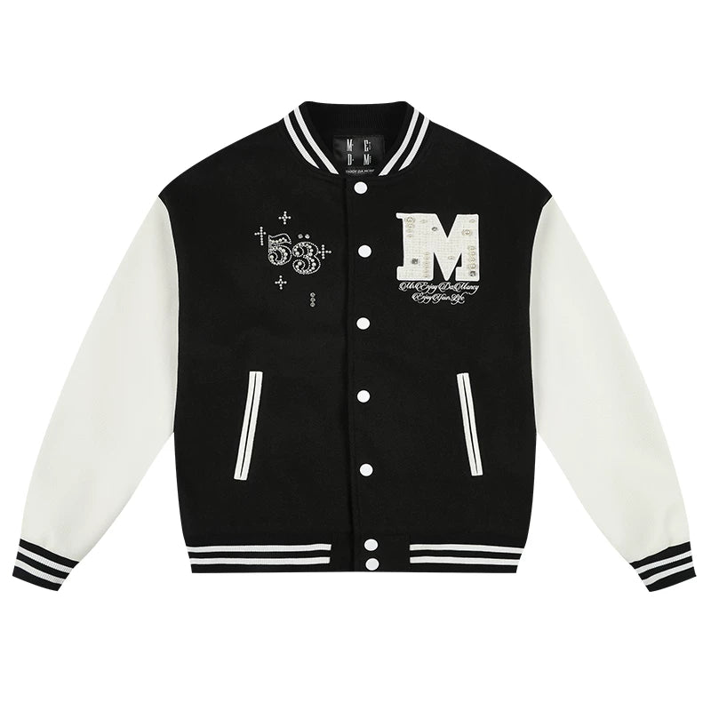 MEDM color blocking patchwork nail pearl casual stand up baseball jacket autumn American men's and women's loose long sleeved jacket jacket