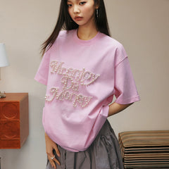 MEDM26SS pearl flower font summer short sleeved T-shirt for men and women, couple style American loose top T-shirt tee