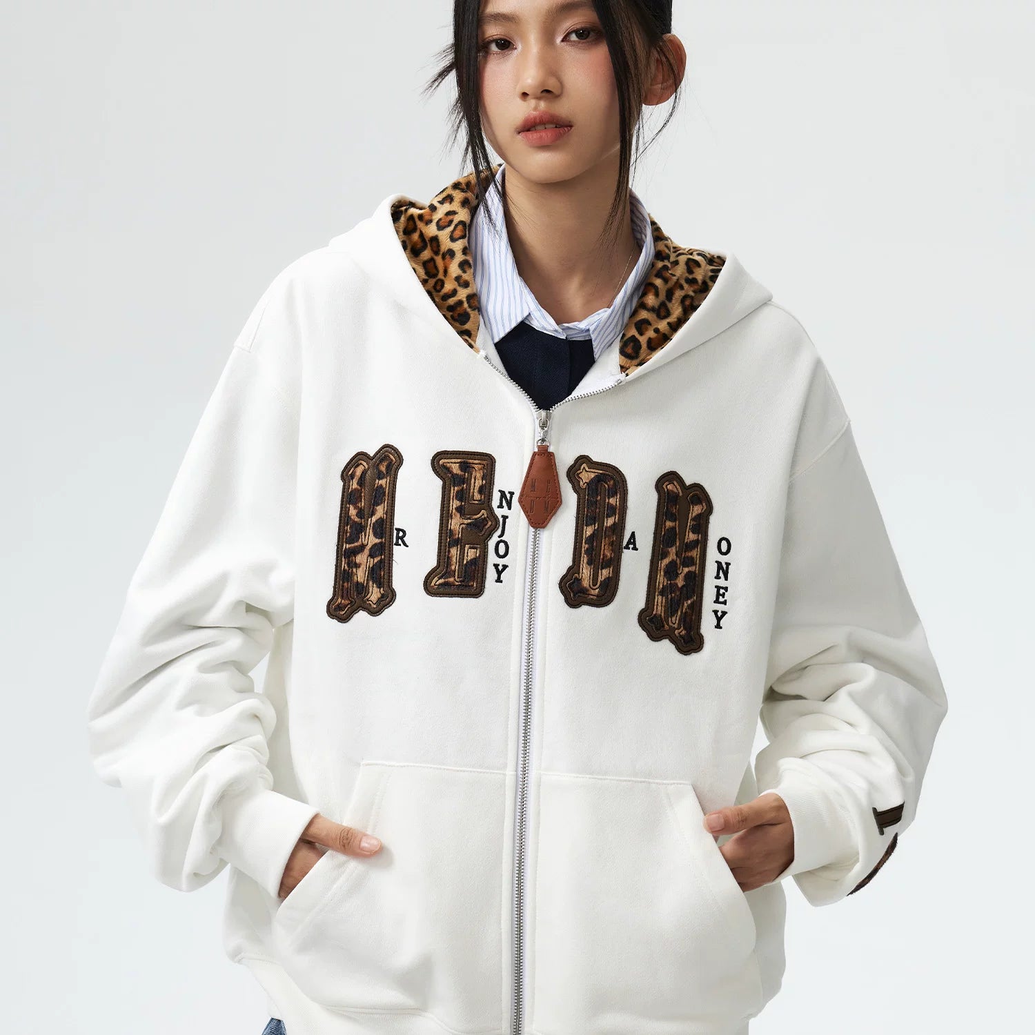 MEDM leopard print hat with leather lining, casual zipper hoodie, American couple casual cardigan, hooded and fleece hoodie, autumn