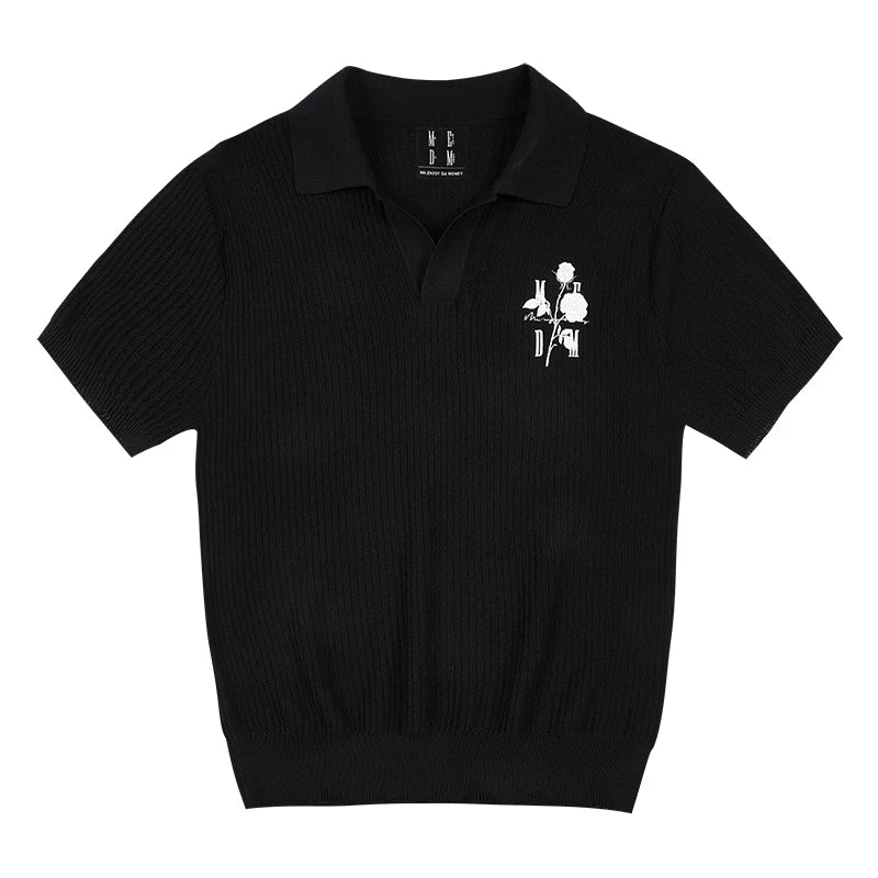 MEDM26SS solid color embroidered rose pattern short sleeved knitted polo shirt, vintage style casual half sleeved T-shirt for men