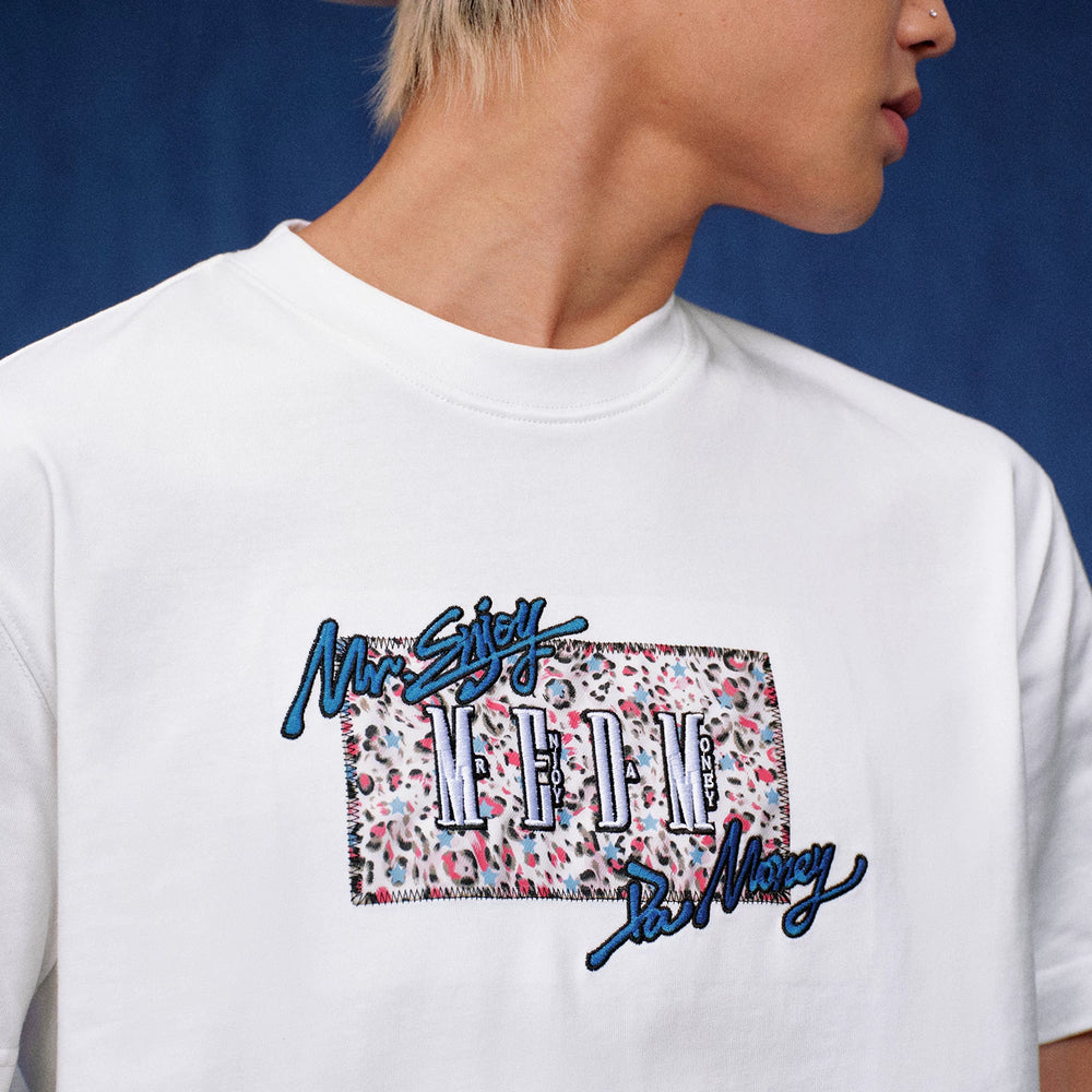 MEDM contrasting leopard print patch embroidered casual round neck T-shirt with star graffiti base pure cotton loose short sleeved men and women