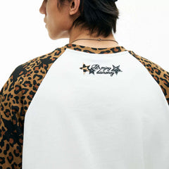 MEDM 冚 Car line raglan sleeves leopard print leather casual short sleeves American retro contrasting shoulder loose men's and women's T-shirts
