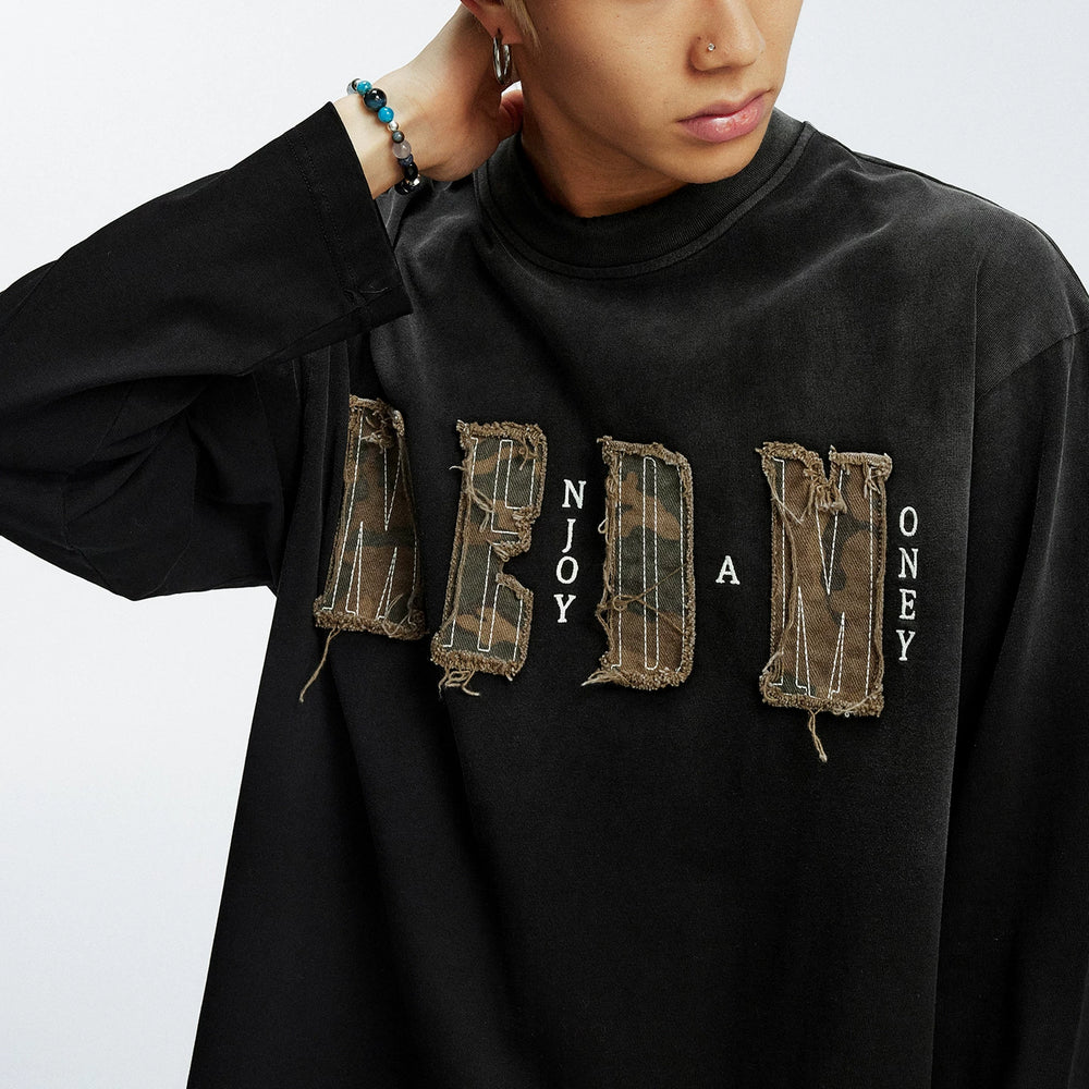 MEDM contrasting neckline with frayed edges, pasted with fabric words, casual long sleeved T-shirt, American couple loose round neck base shirt, top