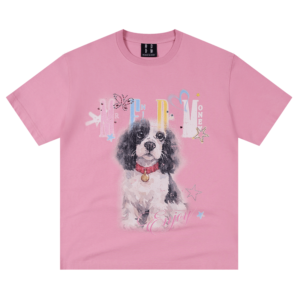 MEDM color rhinestone washed puppy print casual round neck short sleeved American retro heavy-duty loose T-shirt