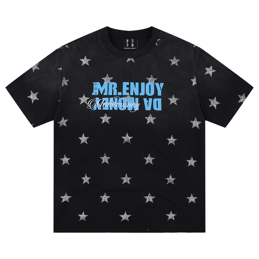 MEDM contrasting logo printed with stars, washed and worn, casual round neck T-shirt, American retro loose short sleeved for men and women