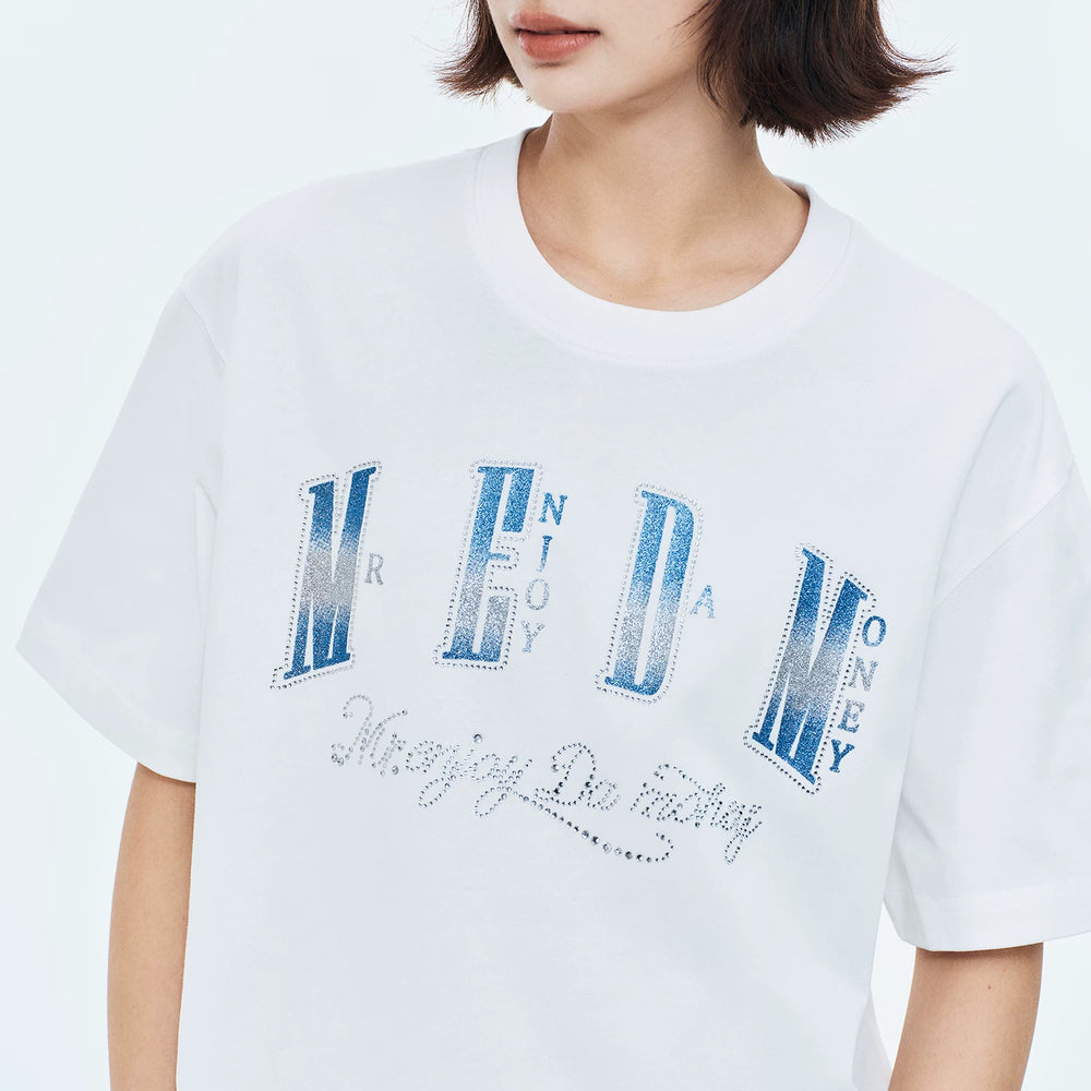 MEDM Sparkling Pink Printed Border Hot Diamond Logo Casual Round Neck Short Sleeve American High Street Cotton Loose Couple T-shirt