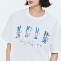 MEDM Sparkling Pink Printed Border Hot Diamond Logo Casual Round Neck Short Sleeve American High Street Cotton Loose Couple T-shirt
