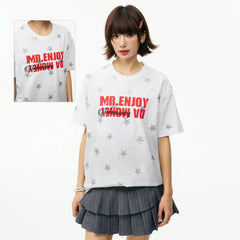 MEDM contrasting logo printed with stars, washed and worn, casual round neck T-shirt, American retro loose short sleeved for men and women