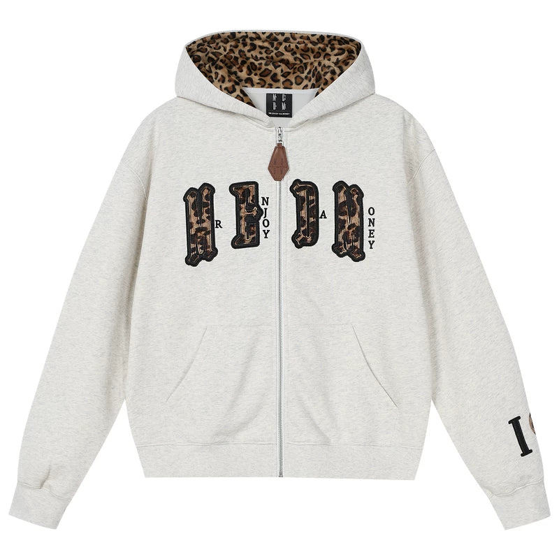 MEDM leopard print hat with leather lining, casual zipper hoodie, American couple casual cardigan, hooded and fleece hoodie, autumn