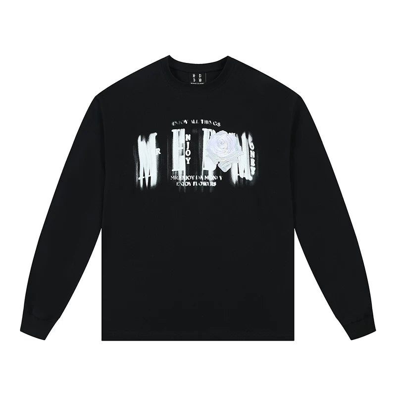 MEDM Phantom Flower Embroidery Long Sleeve T-shirt for Men, Autumn Loose Top, American Hip Hop Retro Casual T-shirt