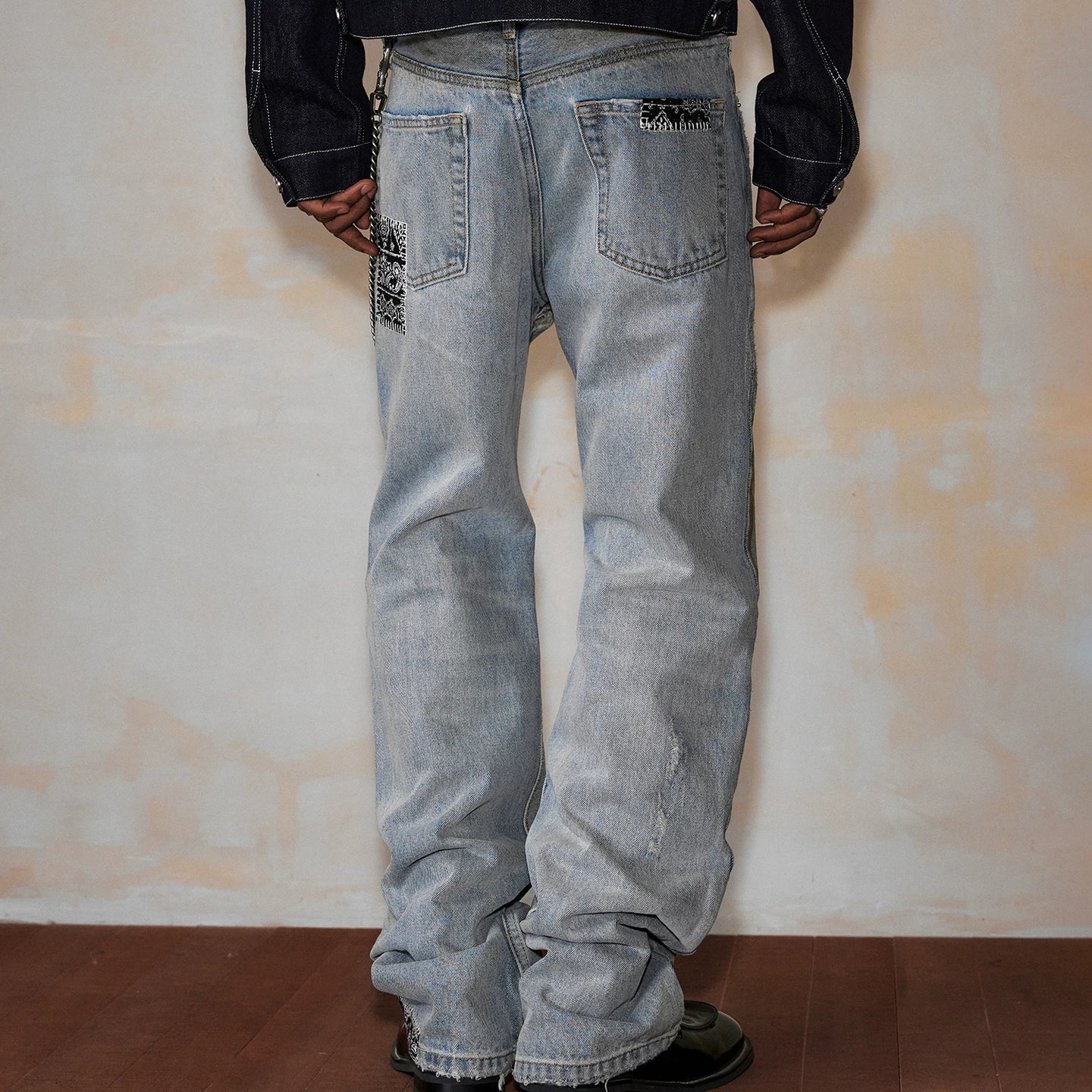 MEDM washed, worn, pasted fabric, ethnic style, casual denim pants, trendy brand, street loose straight leg ripped pants, autumn