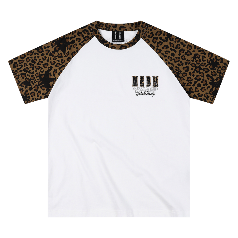 MEDM 冚 Car line raglan sleeves leopard print leather casual short sleeves American retro contrasting shoulder loose men's and women's T-shirts