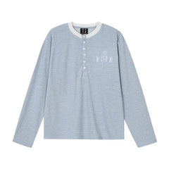 MEDM Rose Embroidered Striped Henley Long Sleeve Tee