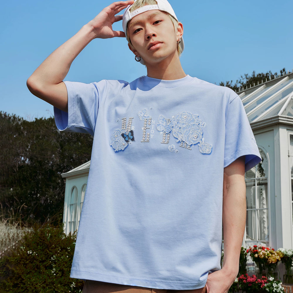 Hou Minghao's same MEDM lace short sleeved T-shirt with American hip-hop style, pure cotton TEE, unisex loose top