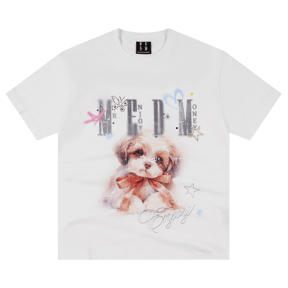 MEDM color rhinestone washed puppy print casual round neck short sleeved American retro heavy-duty loose T-shirt