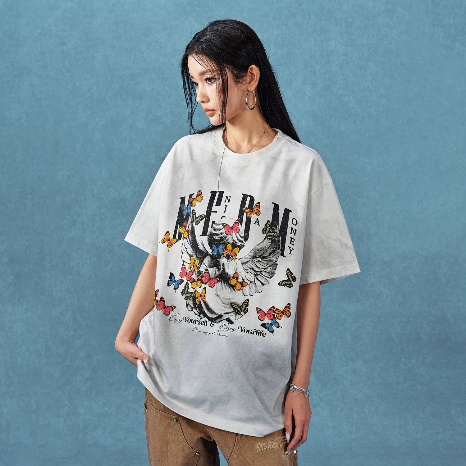 MEDM Angel Butterfly Wash Short Sleeve Casual Round Neck T-shirt for Men and Women Summer American Hip Hop Trendy Brand T-shirt Tee