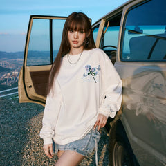 MEDM Origami Flower Embroidery Loose Long Sleeve T-shirt for Men and Women Autumn Round Neck Versatile Casual Couple Round Neck Top
