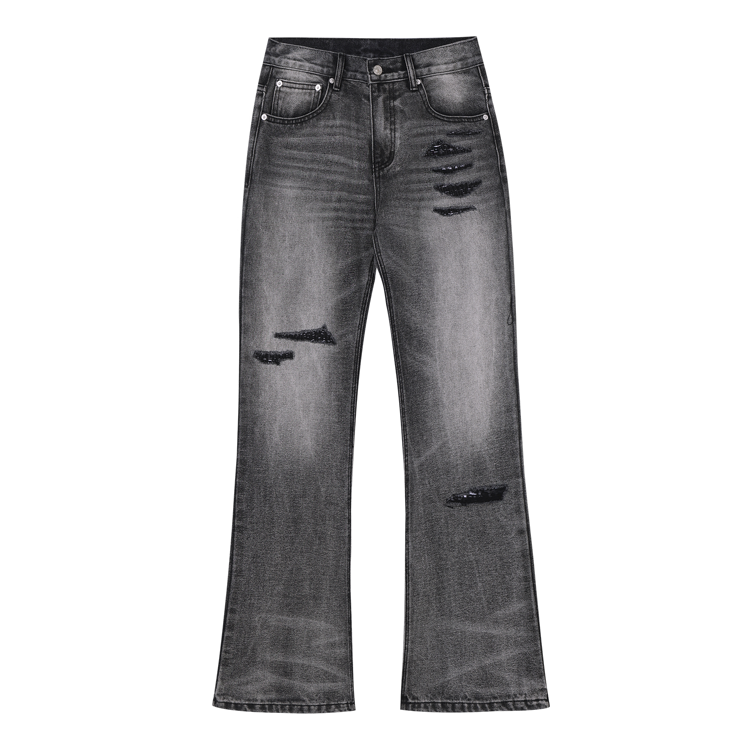 MEDM bamboo striped denim with heavily worn leather, patchwork horsehair, micro flared jeans, washed and worn casual pants for men